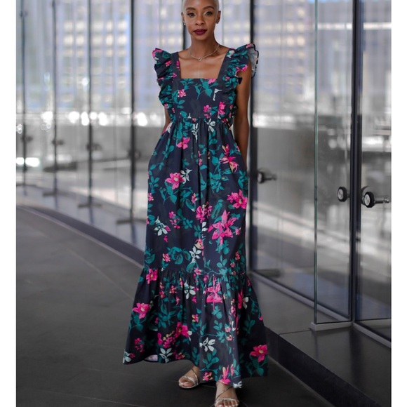 The Drop Dresses & Skirts - The Drop Navy Jewel Tone Poplin Cotton Floral Ruffle Square Neck Maxi Dress